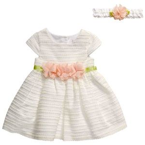 Cap-Sleeve Stripe Detail Dress w/ Floral Belt